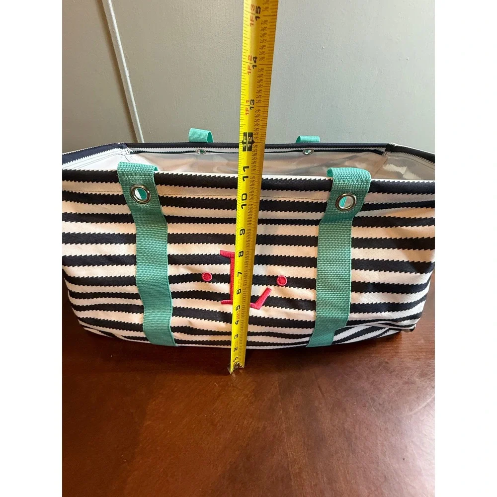 Thirty-One Large Utility Tote Navy White Nautical Stripe Teal Pink Monogram L